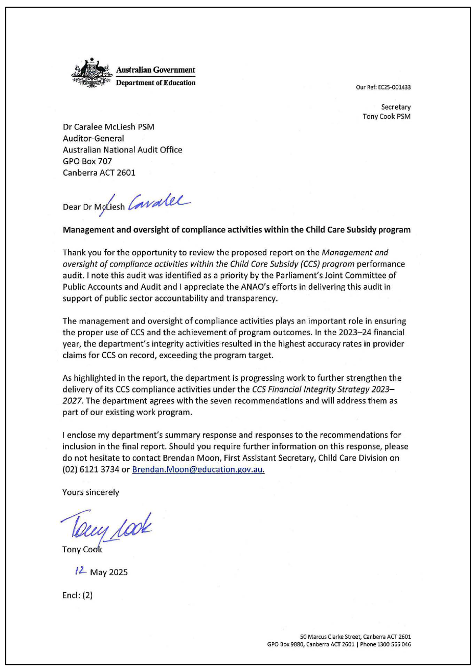 Page one of the response from Education. A summary of the response can be found in the summary and recommendations chapter.