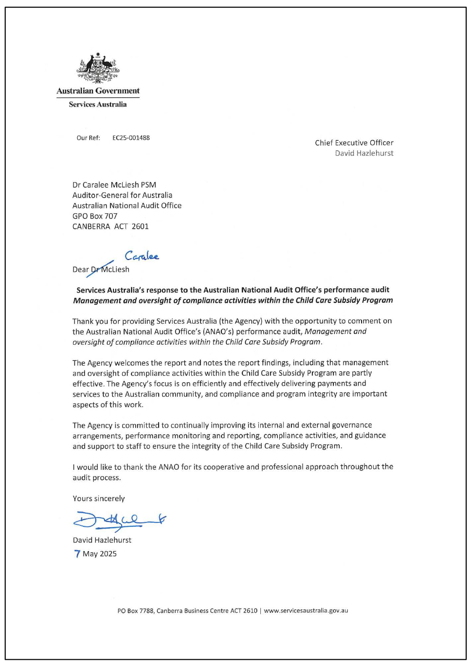 Page one of the response from Services Australia. A summary of the response can be found in the summary and recommendations chapter.