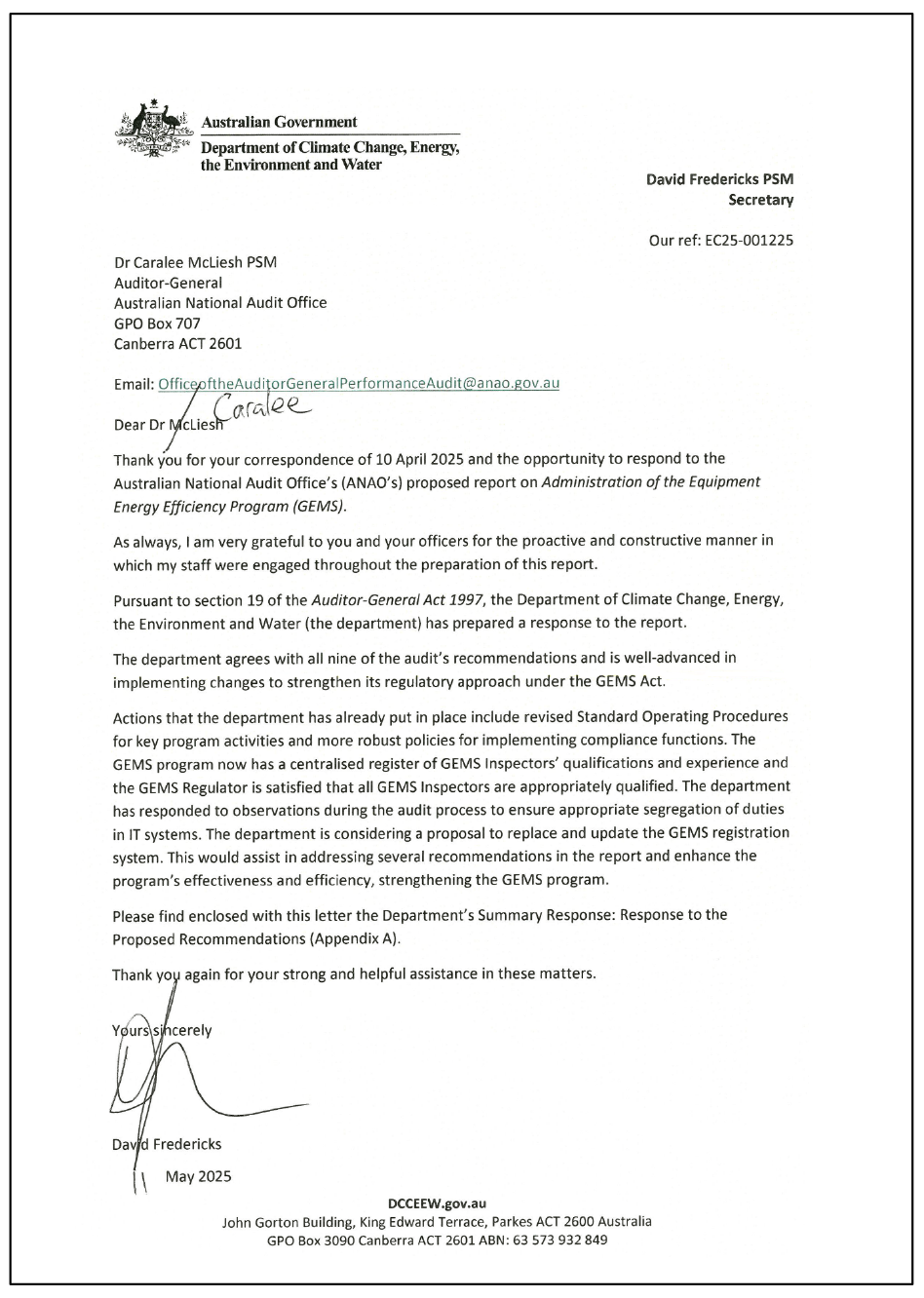Page one of the response from DCCEEW. A summary of the response can be found in the summary and recommendations chapter.