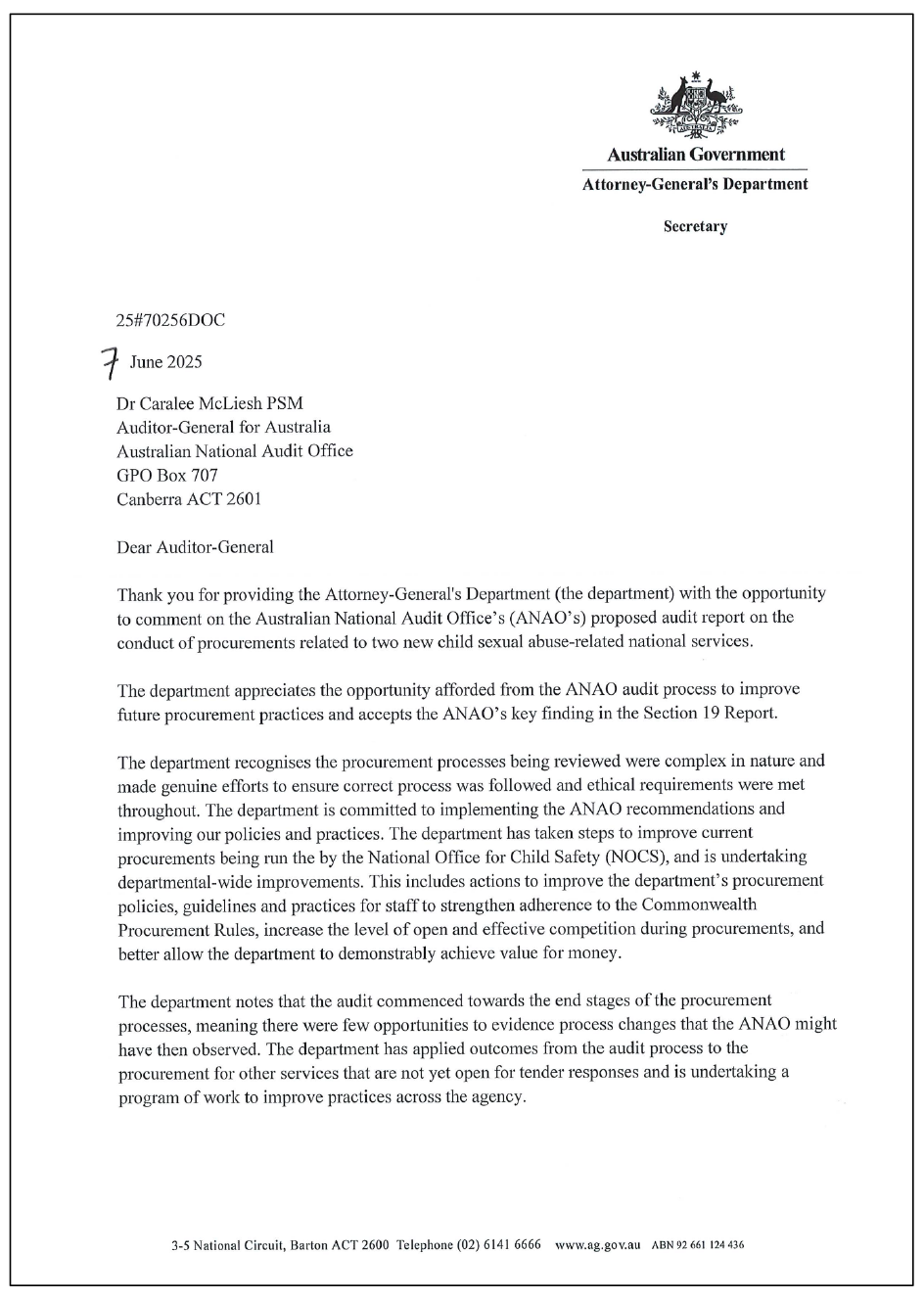 Page one of the response from AGD. A summary of the response can be found in the summary and recommendations chapter.