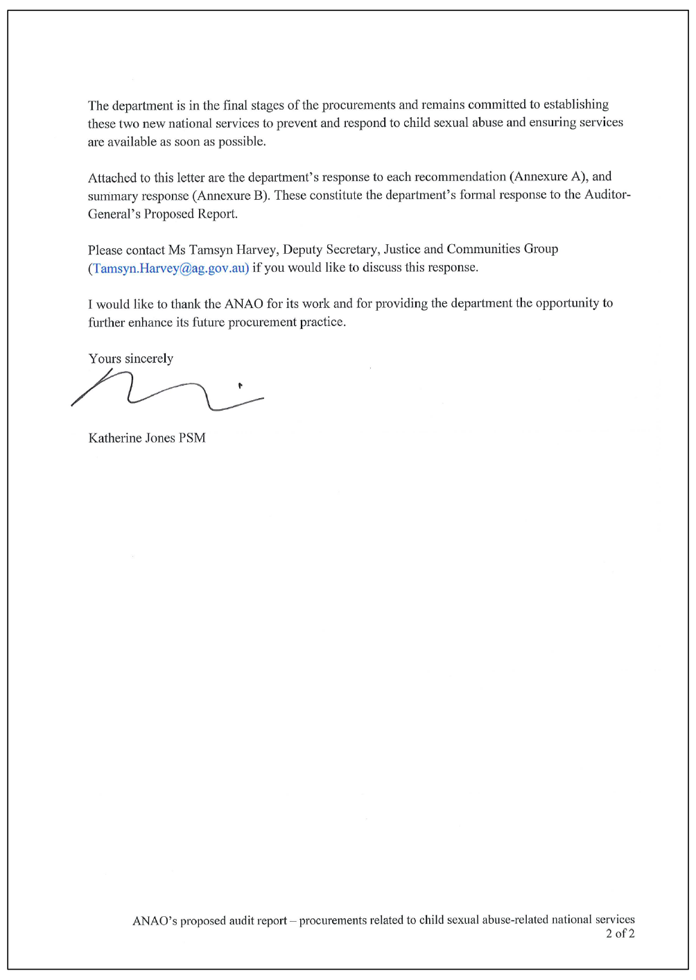 Page two of the response from AGD. A summary of the response can be found in the summary and recommendations chapter.
