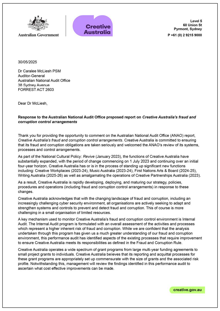 Page one of the response from Creative Australia. A summary of the response can be found in the summary and recommendations chapter.