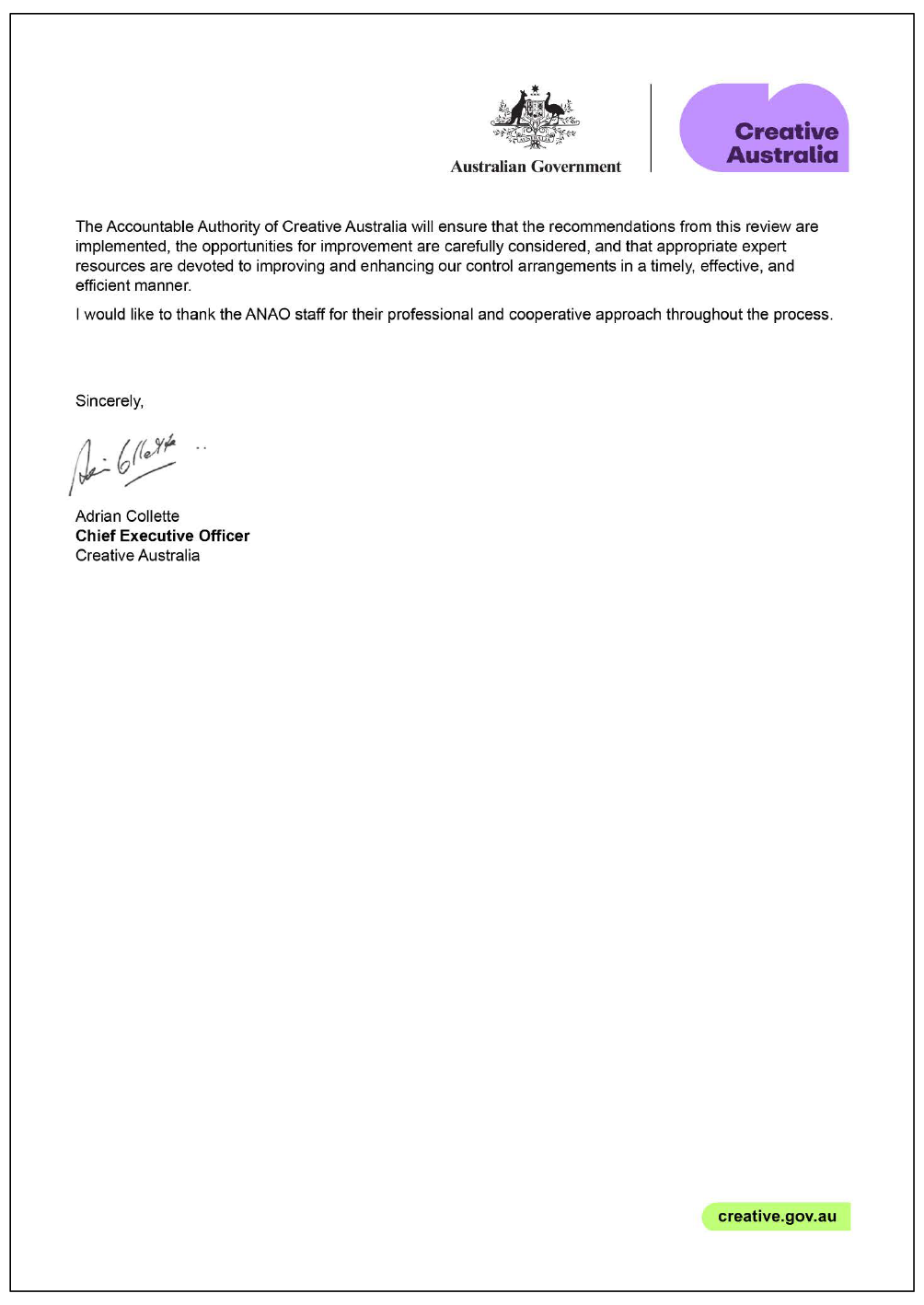 Page two of the response from Creative Australia. A summary of the response can be found in the summary and recommendations chapter.