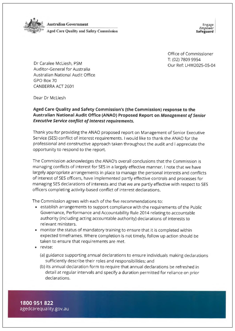 Page one of the response from ACQSC. A summary of the response can be found in the summary and recommendations chapter.