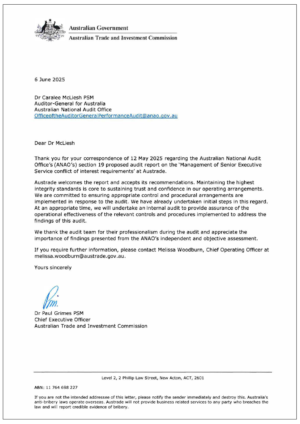 Page one of the response from ATIC. A summary of the response can be found in the summary and recommendations chapter.