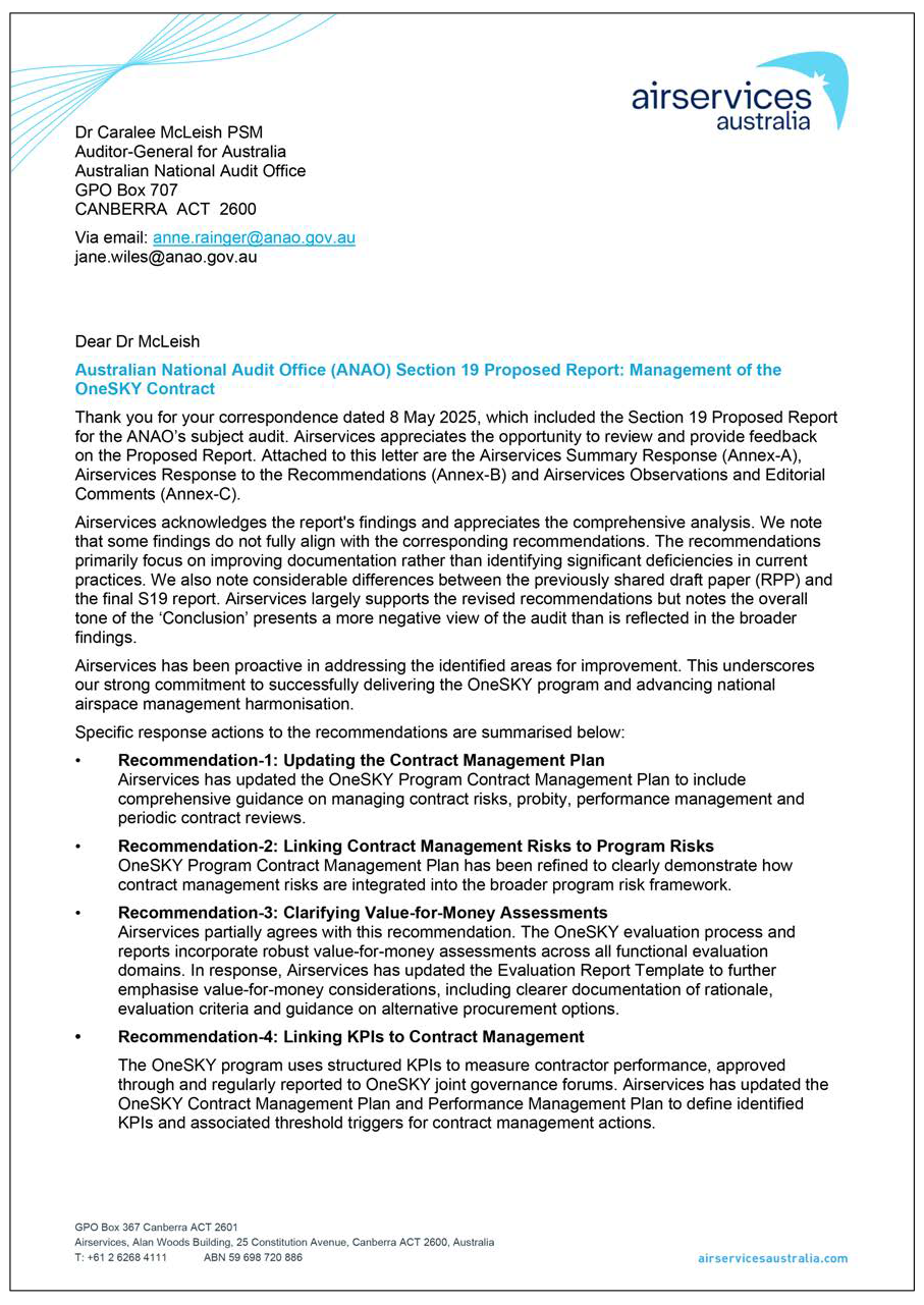 Page one of the response from Airservices Australia. A summary of the response can be found in the summary and recommendations chapter.