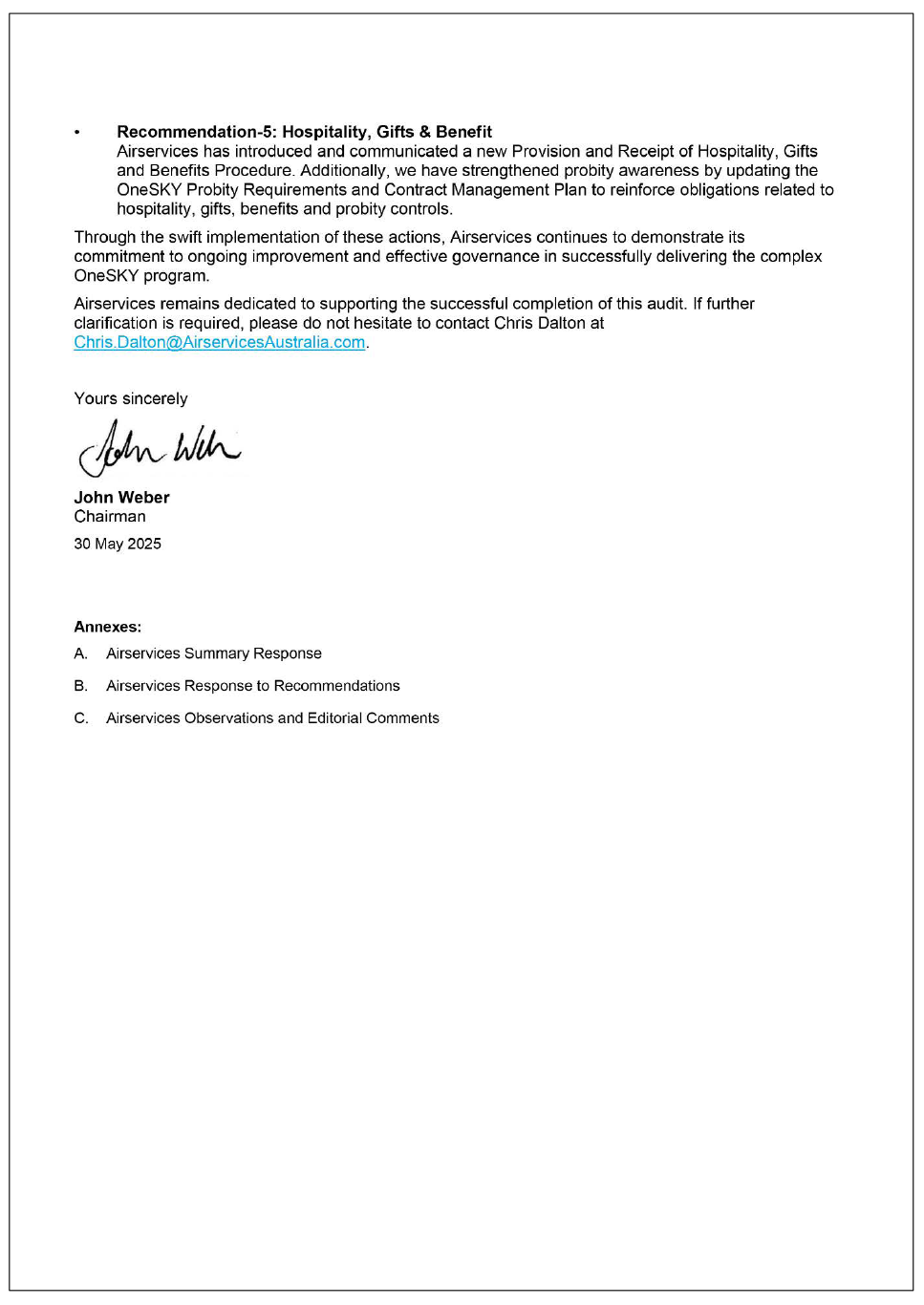 Page two of the response from Airservices Australia. A summary of the response can be found in the summary and recommendations chapter.