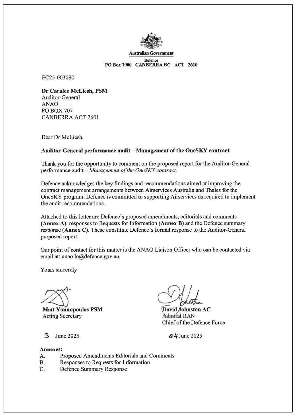 Page one of the response from Defence. A summary of the response can be found in the summary and recommendations chapter.
