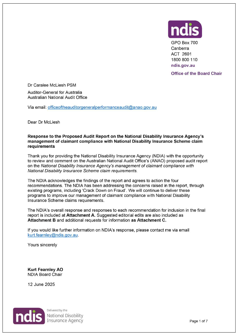 Page one of the response from NDIS. A summary of the response can be found in the summary and recommendations chapter.