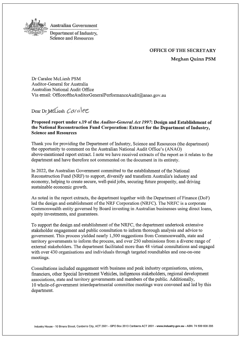 Response from the Secretary of the Department of Industry, Science and Resources.