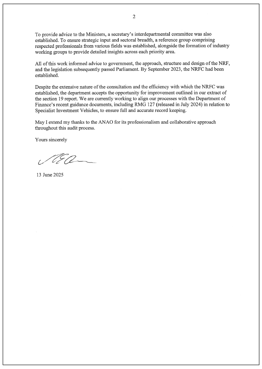 Response from the Secretary of the Department of Industry, Science and Resources.