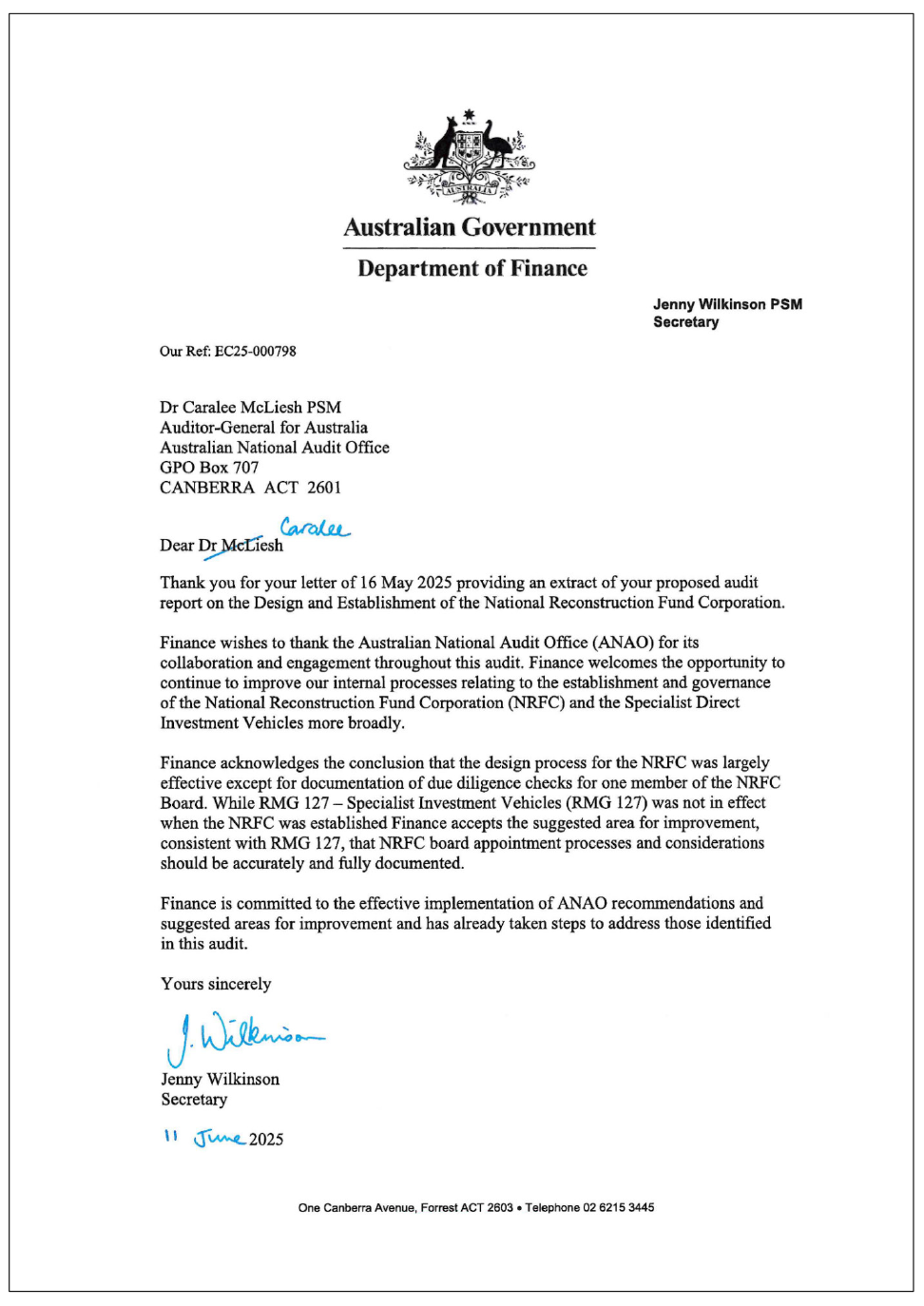 Response from the Secretary of the Department of Finance.