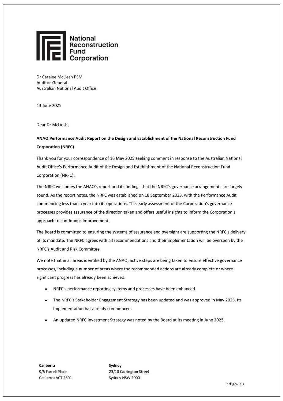 Response from the Chair of the National Reconstruction Fund Corporation Board, Chair of the National Reconstruction Fund Corporation – Audit and Risk Committee, and Chief Executive Officer.