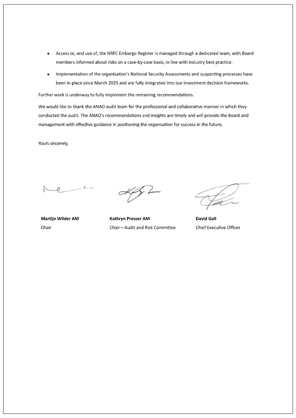 Response from the Chair of the National Reconstruction Fund Corporation Board, Chair of the National Reconstruction Fund Corporation – Audit and Risk Committee, and Chief Executive Officer.