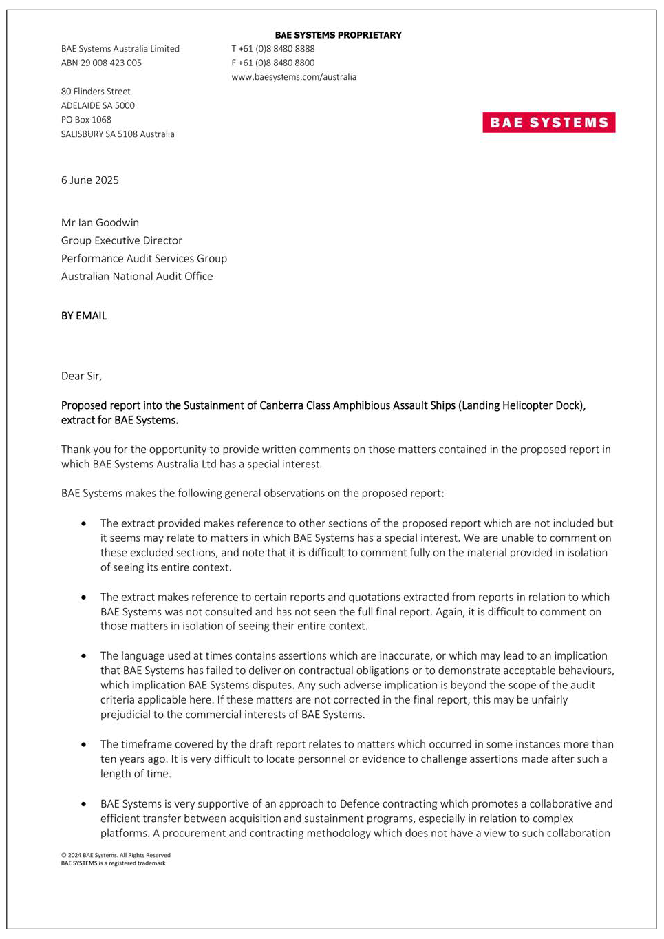 Page one of the response from BAE. A summary of the response can be found in the summary and recommendations chapter.