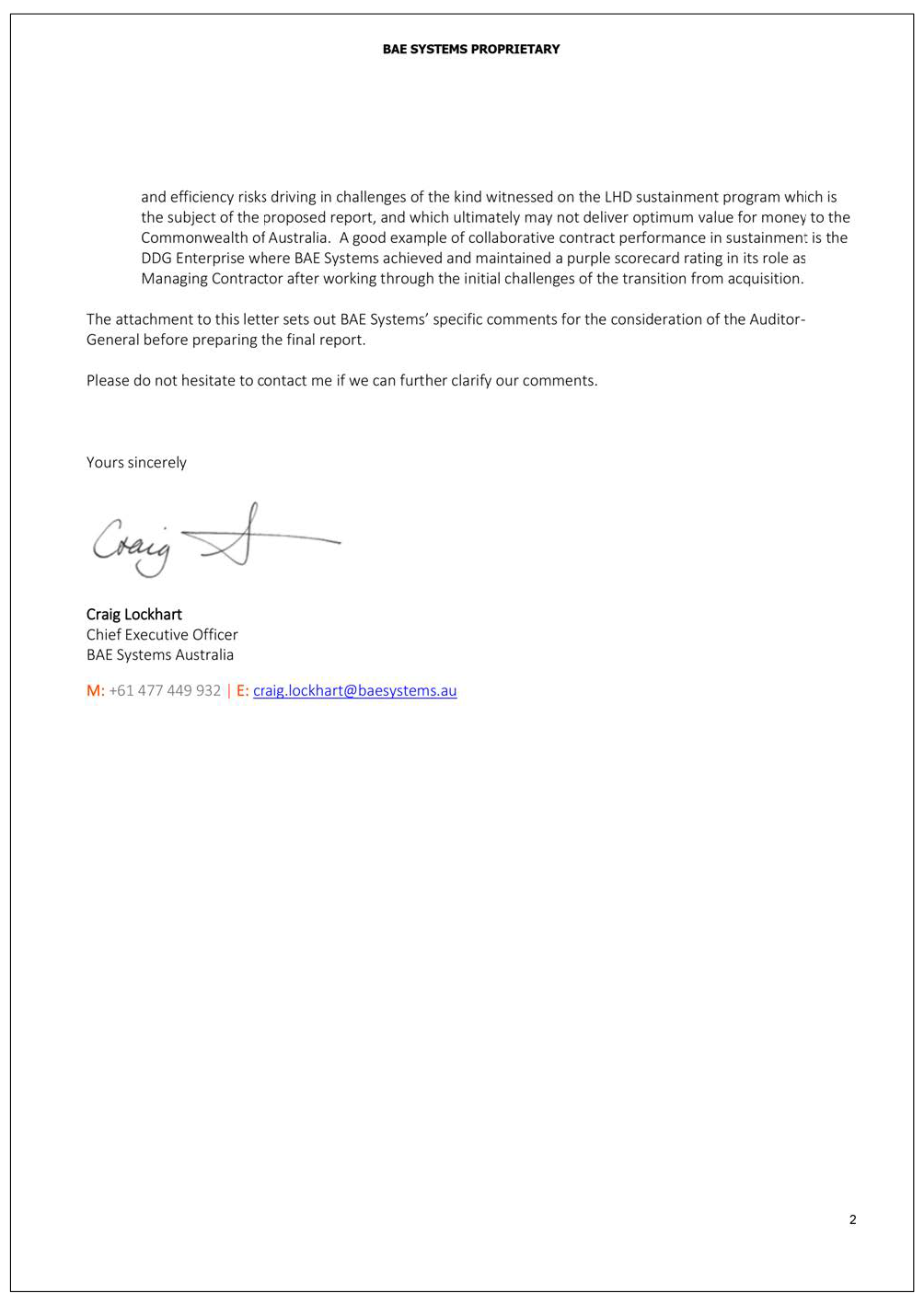 Page two of the response from BAE. A summary of the response can be found in the summary and recommendations chapter.