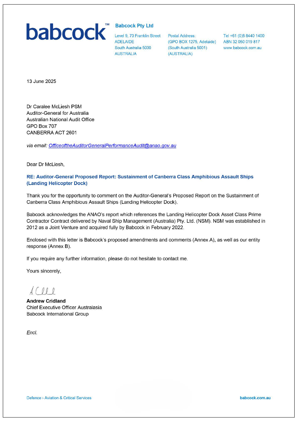 Page one of the response from Babcock. A summary of the response can be found in the summary and recommendations chapter.