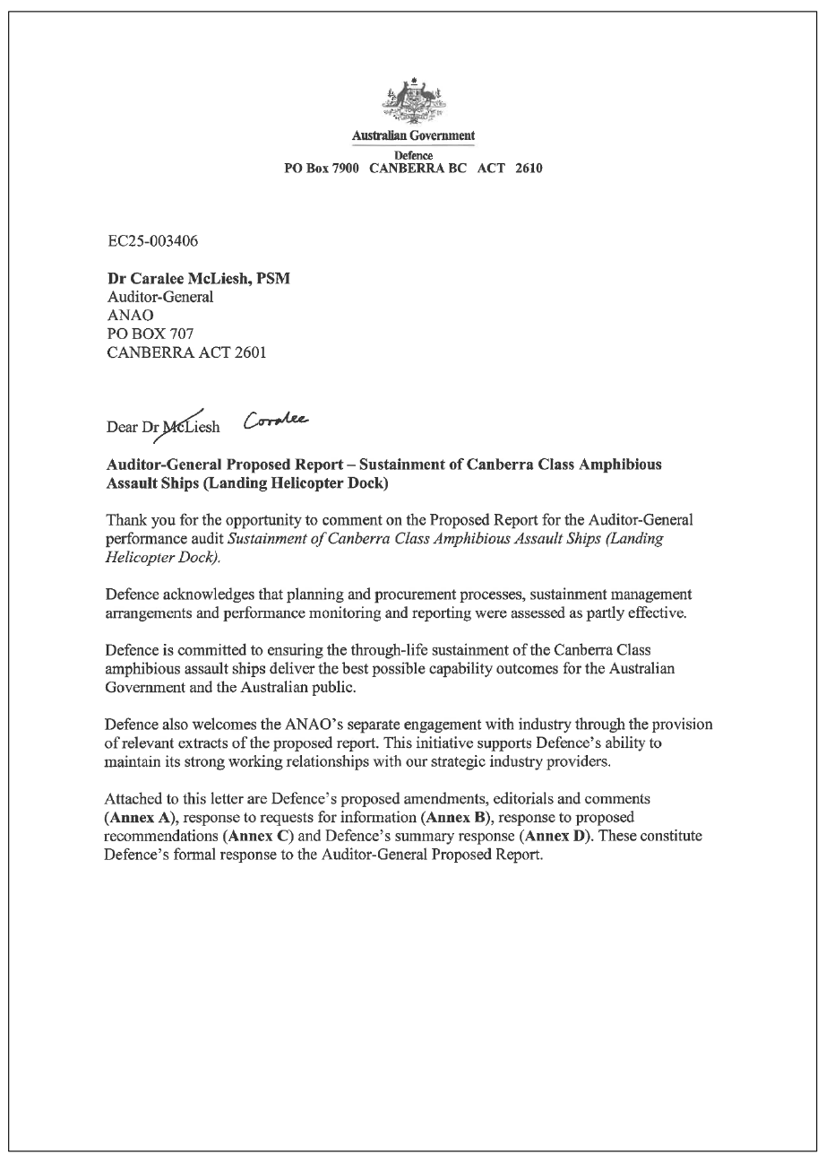 Page one of the response from Defence. A summary of the response can be found in the summary and recommendations chapter.