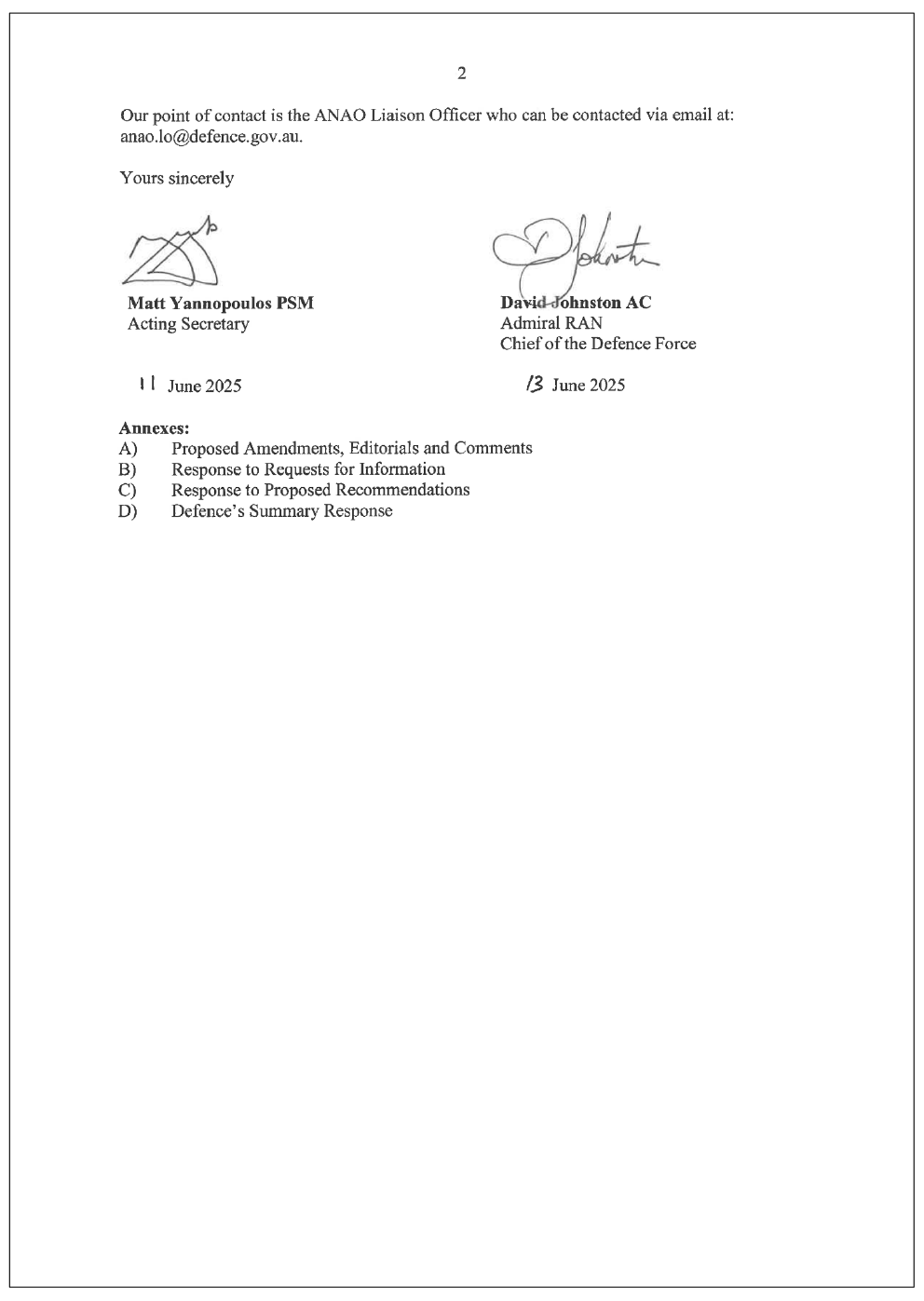 Page two of the response from Defence. A summary of the response can be found in the summary and recommendations chapter.