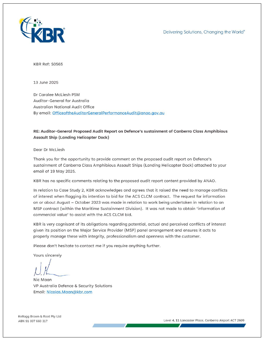 Page one of the response from KBR. A summary of the response can be found in the summary and recommendations chapter.