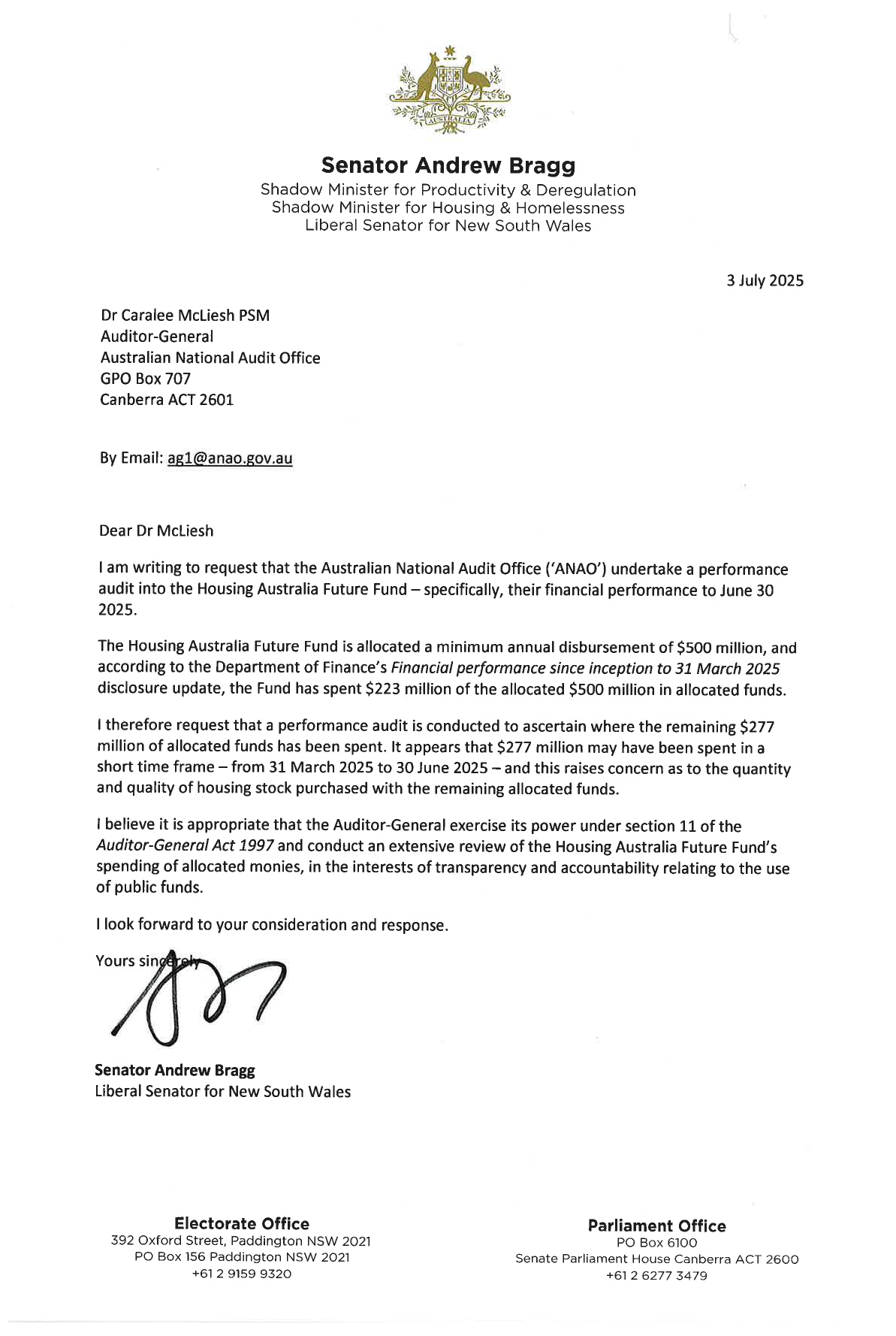Correspondence from Senator Andrew Bragg