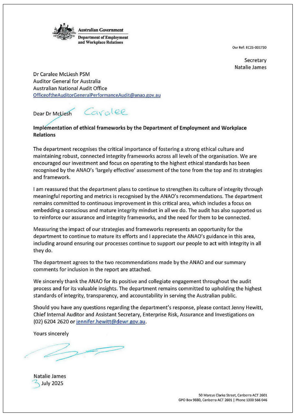 The full entity response from the Department of Employment and Workplace Relations. See paragraph 15 in the Summary section of the report for a summary of the entity response.