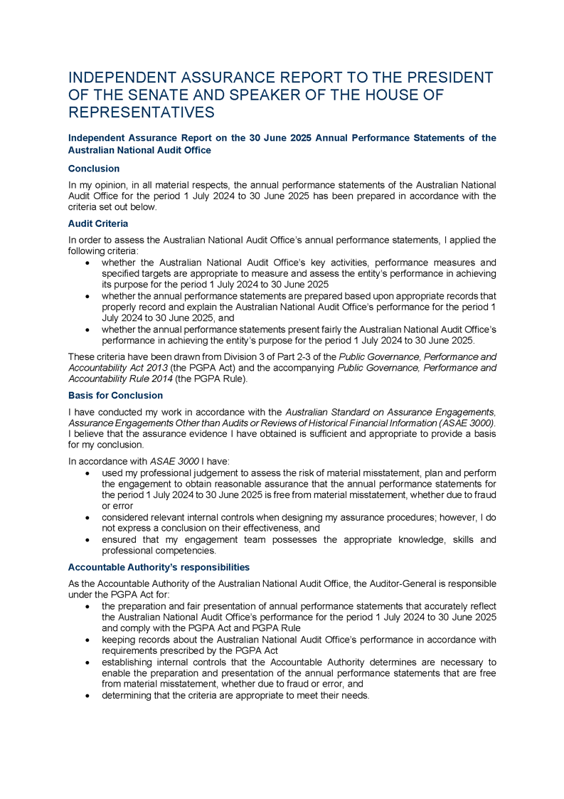 Page 1 - Independent Assurance Report on the 30 June 2025 Annual Performance Statements of the Australian National Audit Office