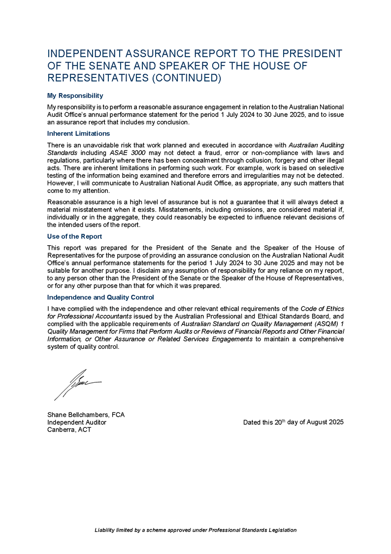 Page 2 - Independent Assurance Report on the 30 June 2025 Annual Performance Statements of the Australian National Audit Office