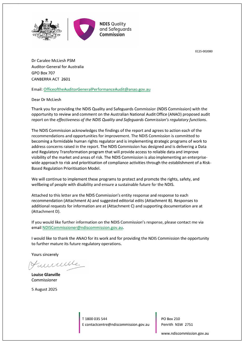 Page one of the response from NDIS Quality and Safeguards Commission. A summary of the response can be found in the summary and recommendations chapter.