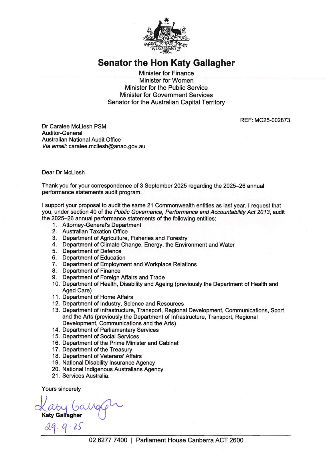 Letter from Senator the Hon Katy Gallagher regarding program of audits in 2025–26