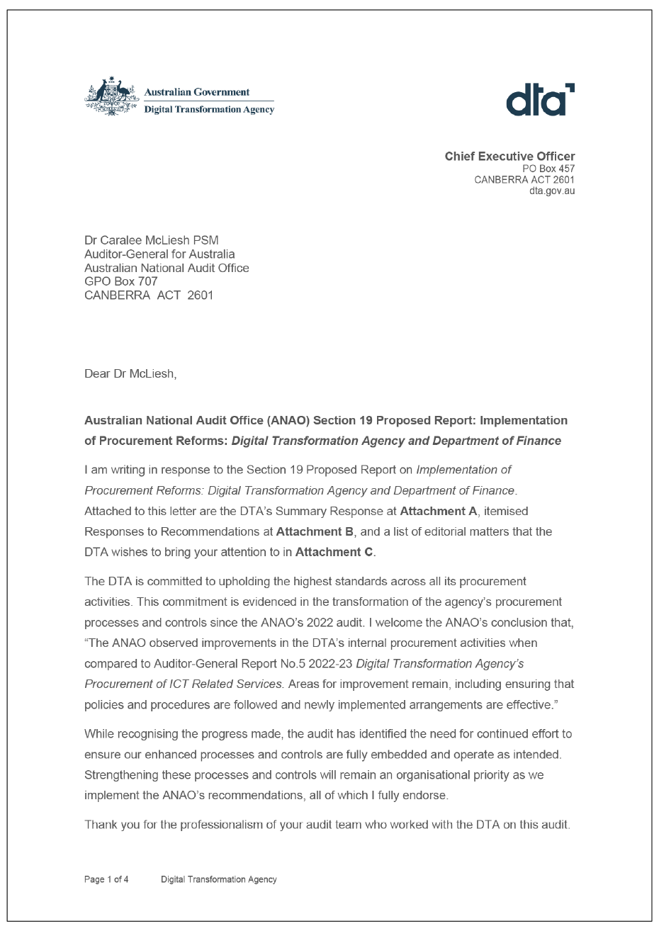 Page one of the response from DTA Quality and Safeguards Commission. A summary of the response can be found in the summary and recommendations chapter.