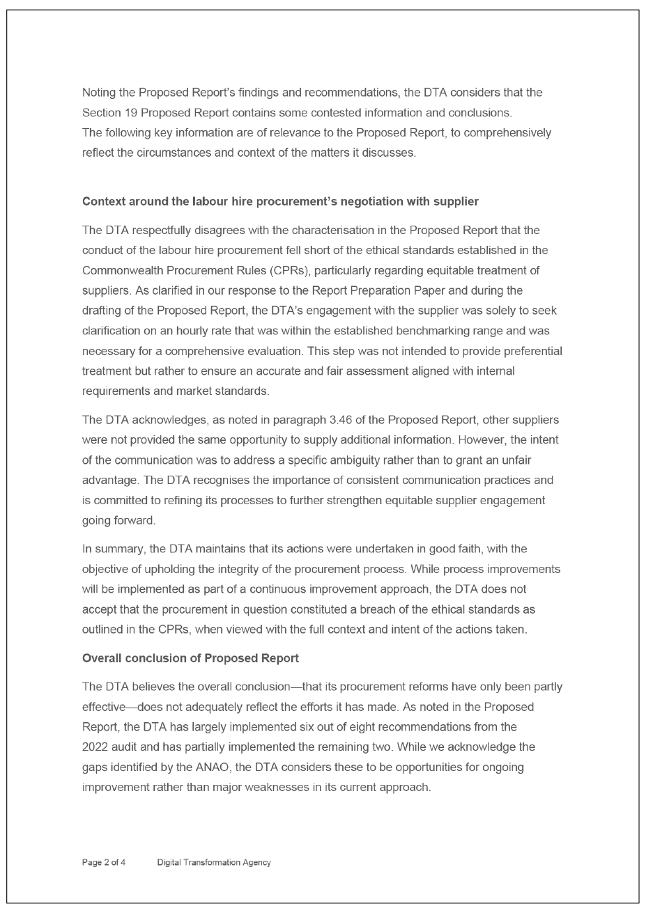 Page two of the response from DTA Quality and Safeguards Commission. A summary of the response can be found in the summary and recommendations chapter.