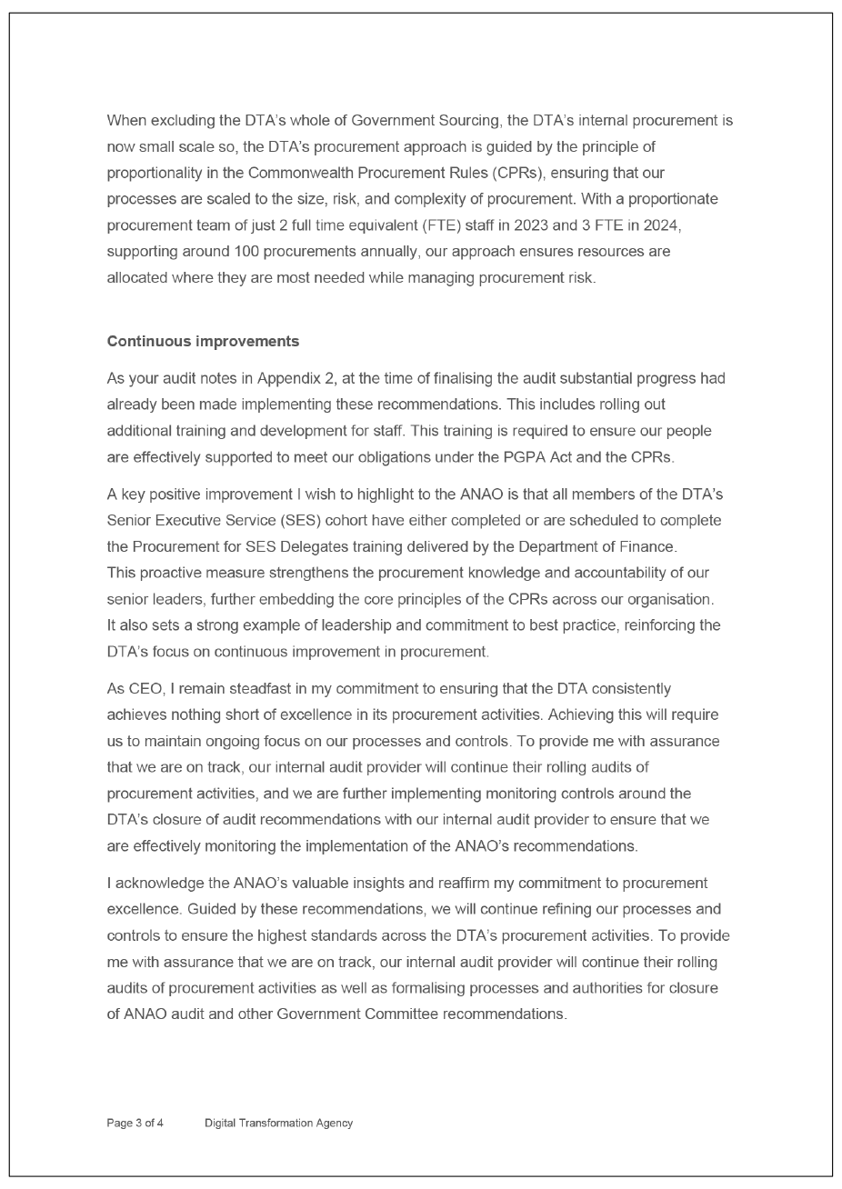 Page three of the response from DTA Quality and Safeguards Commission. A summary of the response can be found in the summary and recommendations chapter.