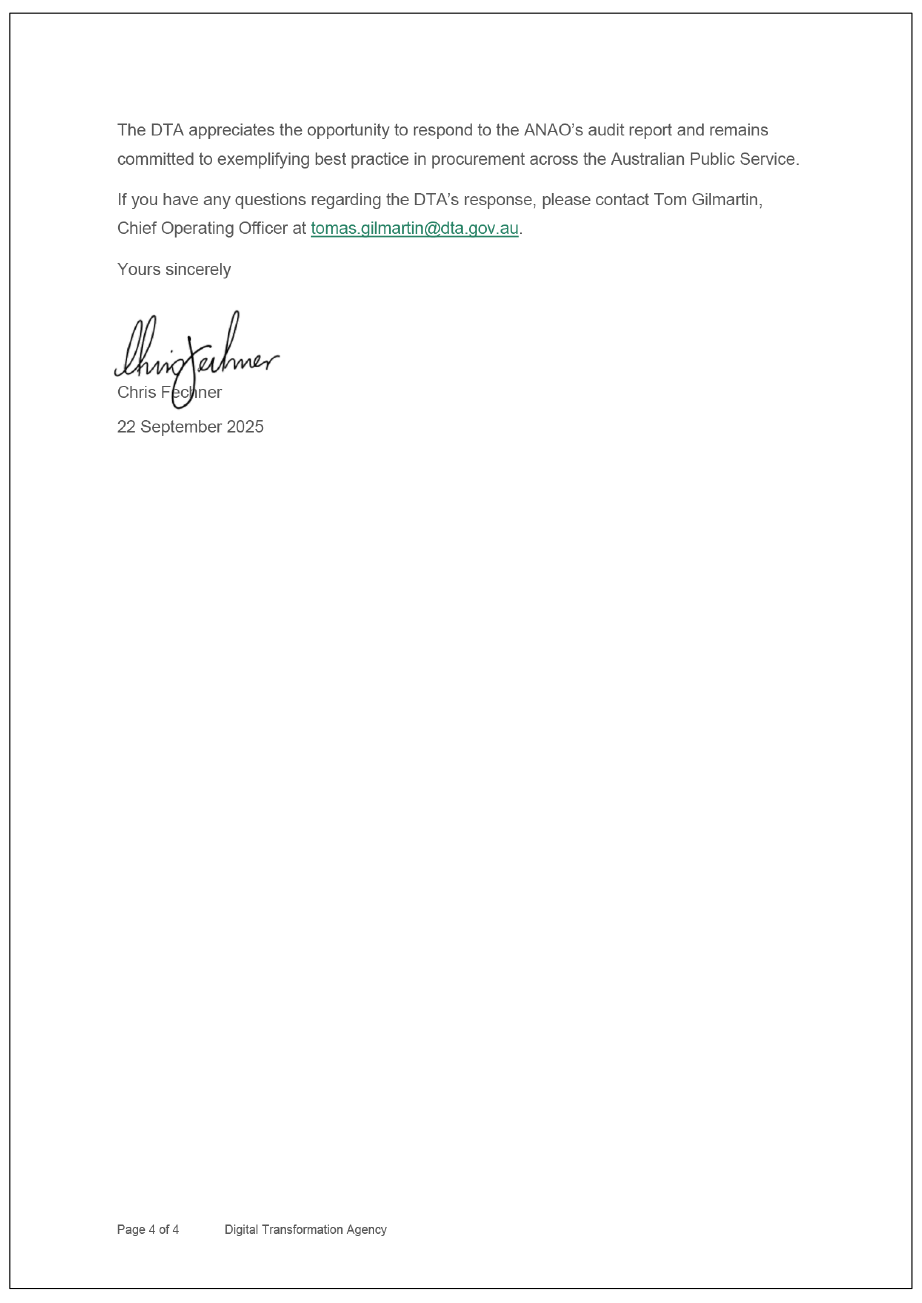 Page four of the response from DTA Quality and Safeguards Commission. A summary of the response can be found in the summary and recommendations chapter.