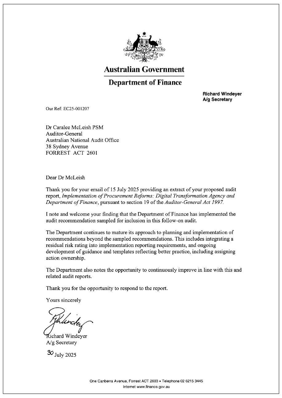 Page one of the response from Finance Quality and Safeguards Commission. A summary of the response can be found in the summary and recommendations chapter.
