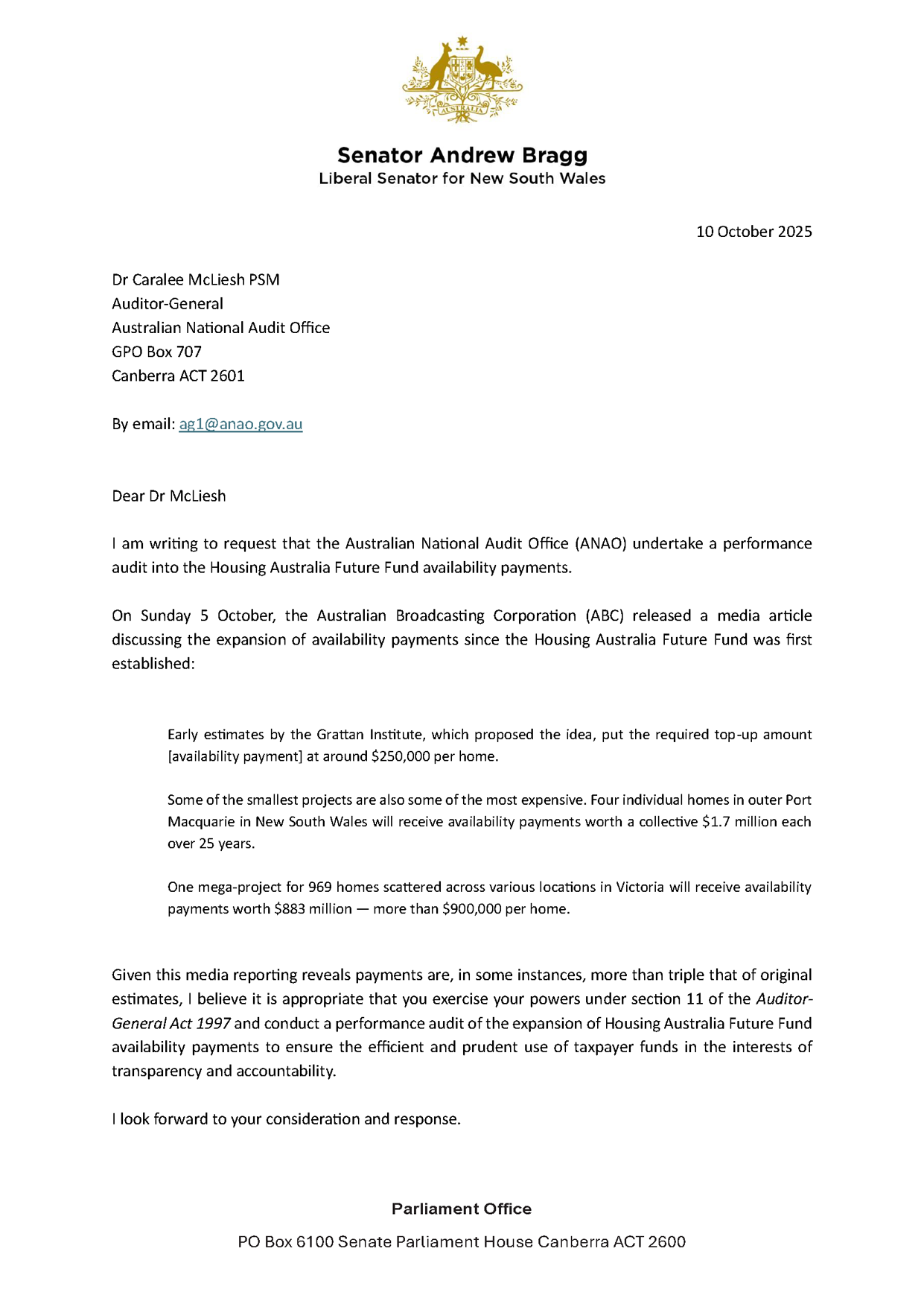 Correspondence from Senator Andrew Bragg 10 October 2025 Page 1