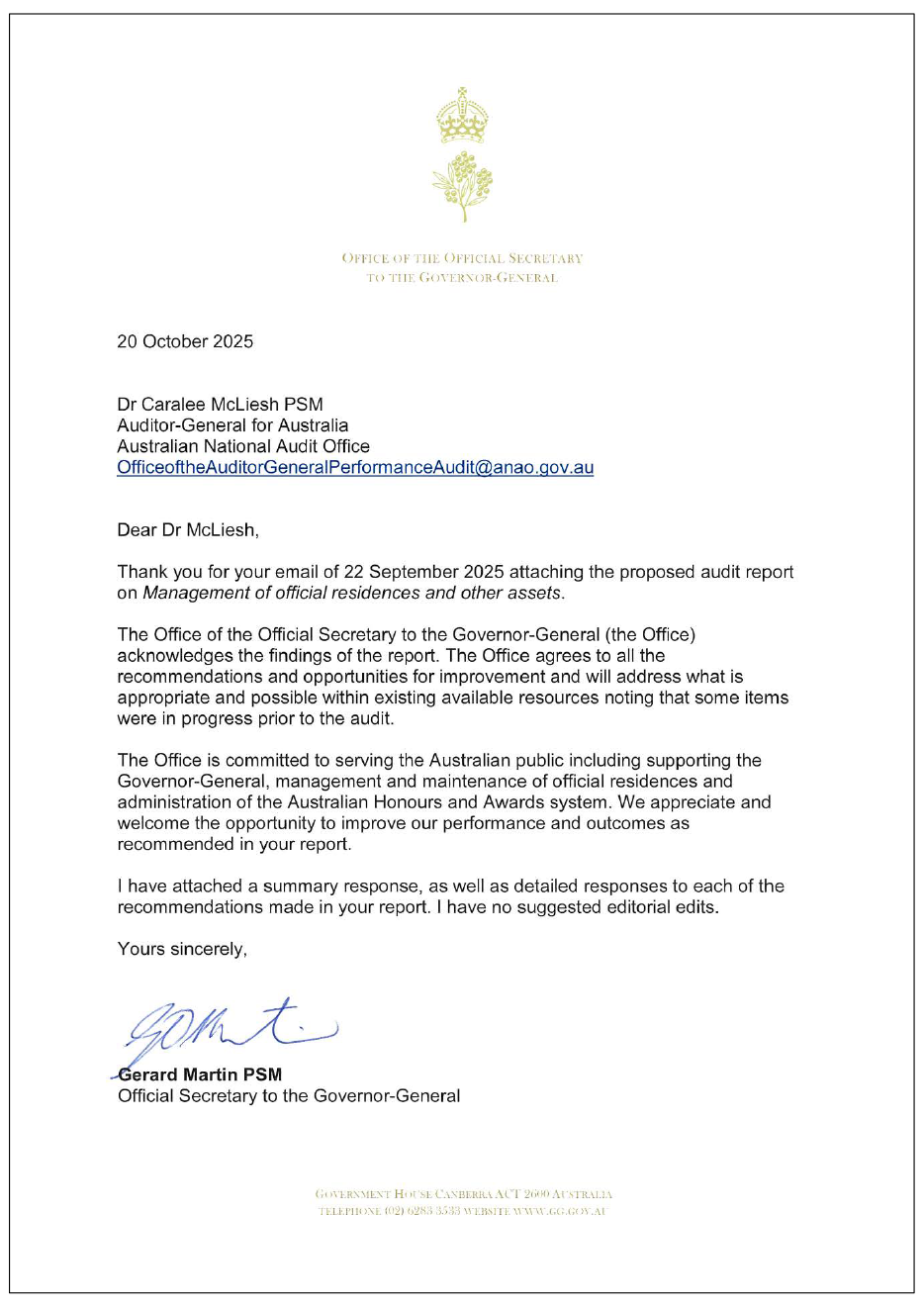 Page one of the response from the Office of the Official Secretary to the Governor-General. A summary of the response can be found in the summary and recommendations chapter.