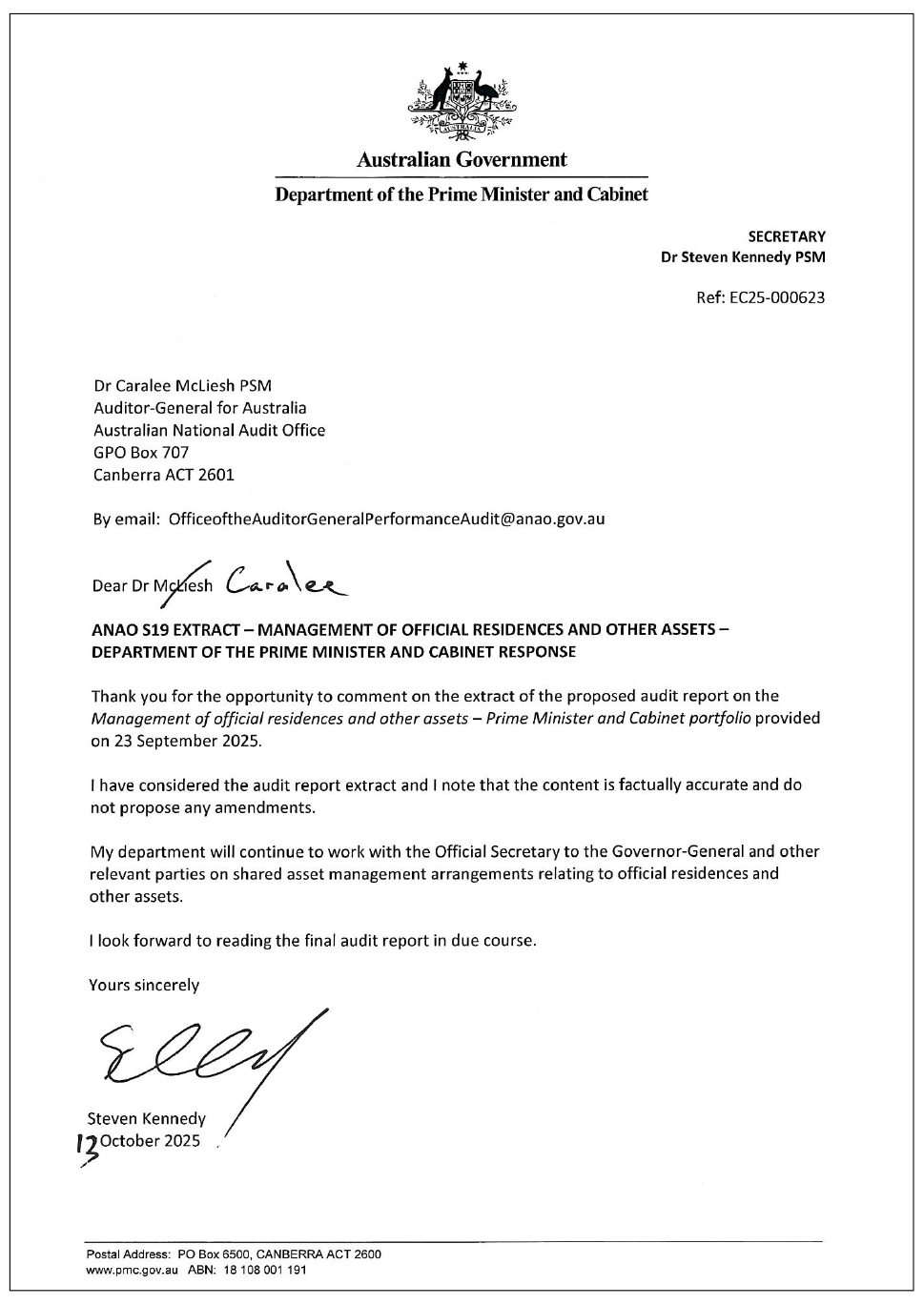 Page one of the response from the Department of the Prime Minister and Cabinet. A summary of the response can be found in the summary and recommendations chapter.