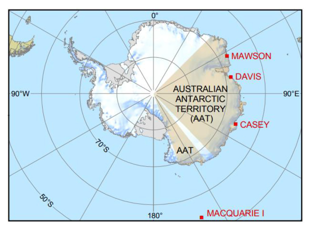 The figure shows a map of Antarctica with the Australian Antarctic Territory shaded and four permanent Australian stations marked in red: Mawson, Davis, Casey and Macquarie Island.