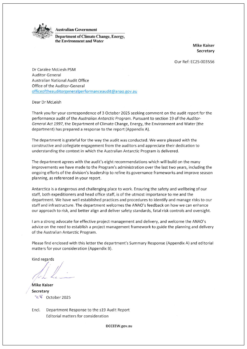 Page one of the response from the DCCEEW. A summary of the response can be found in the summary and recommendations chapter.