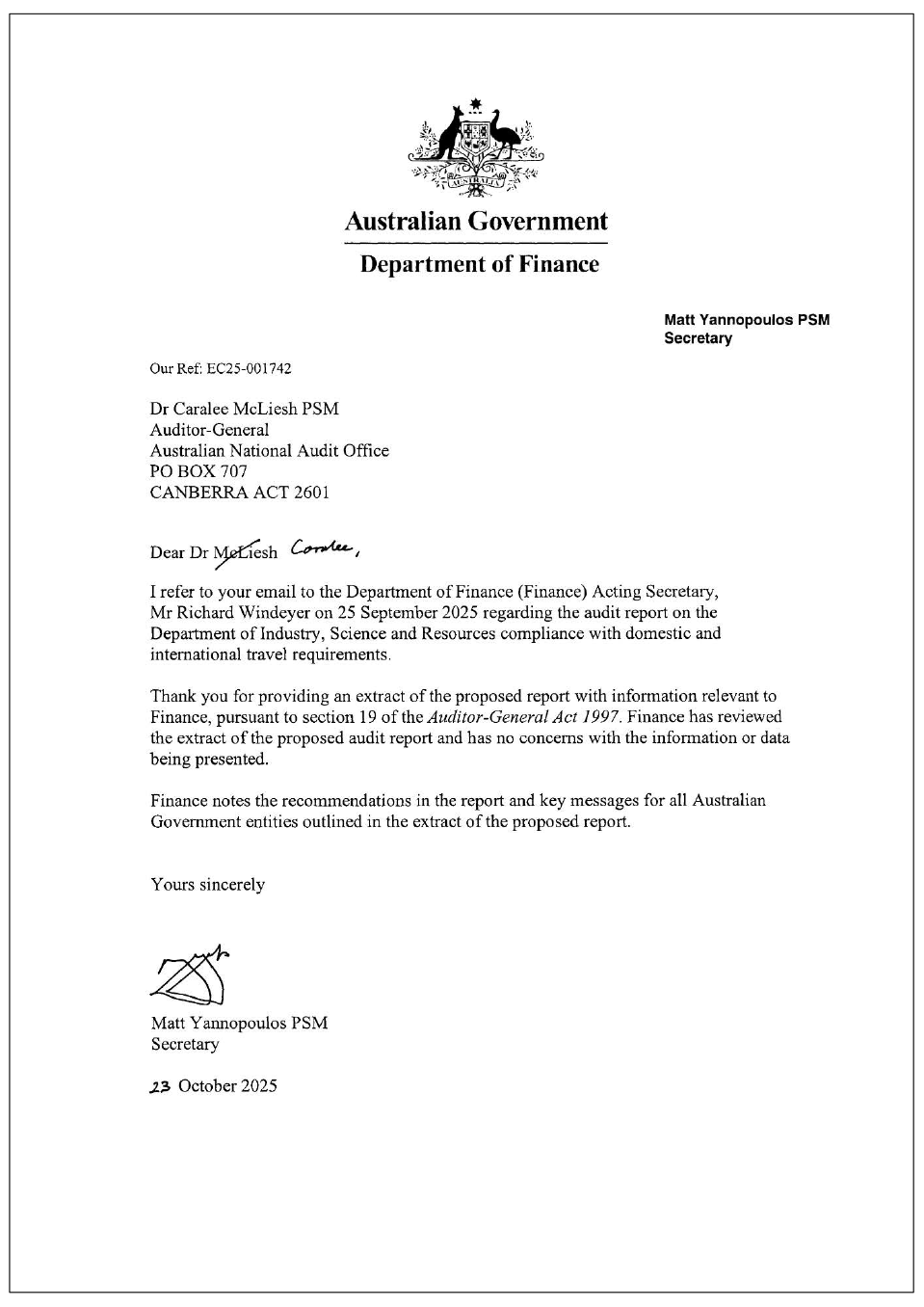 Page one of the response from the Department of Finance. A summary of the response can be found in the summary and recommendations chapter.