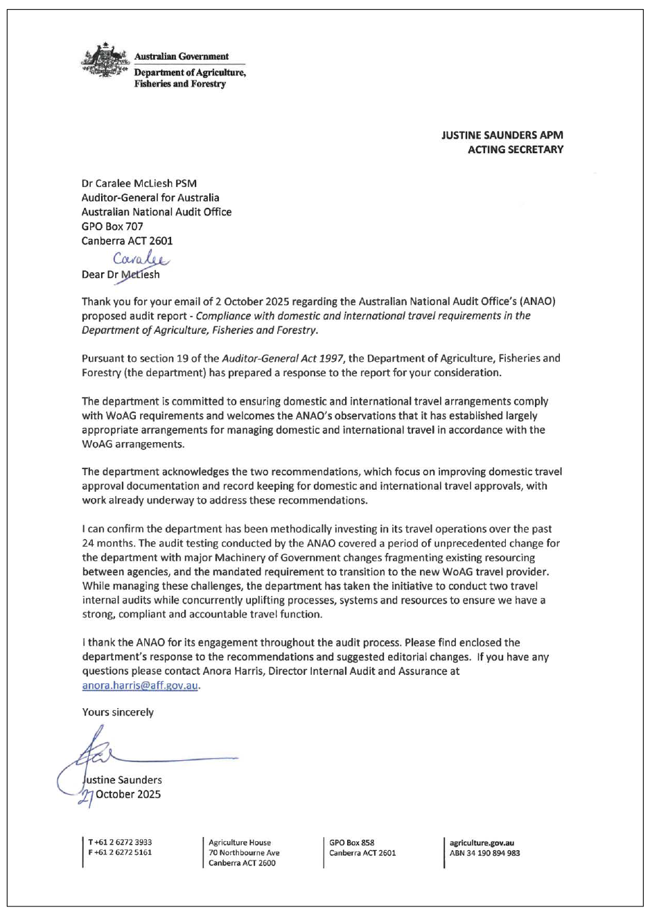 Page one of the response from the DAFF. A summary of the response can be found in the summary and recommendations chapter.