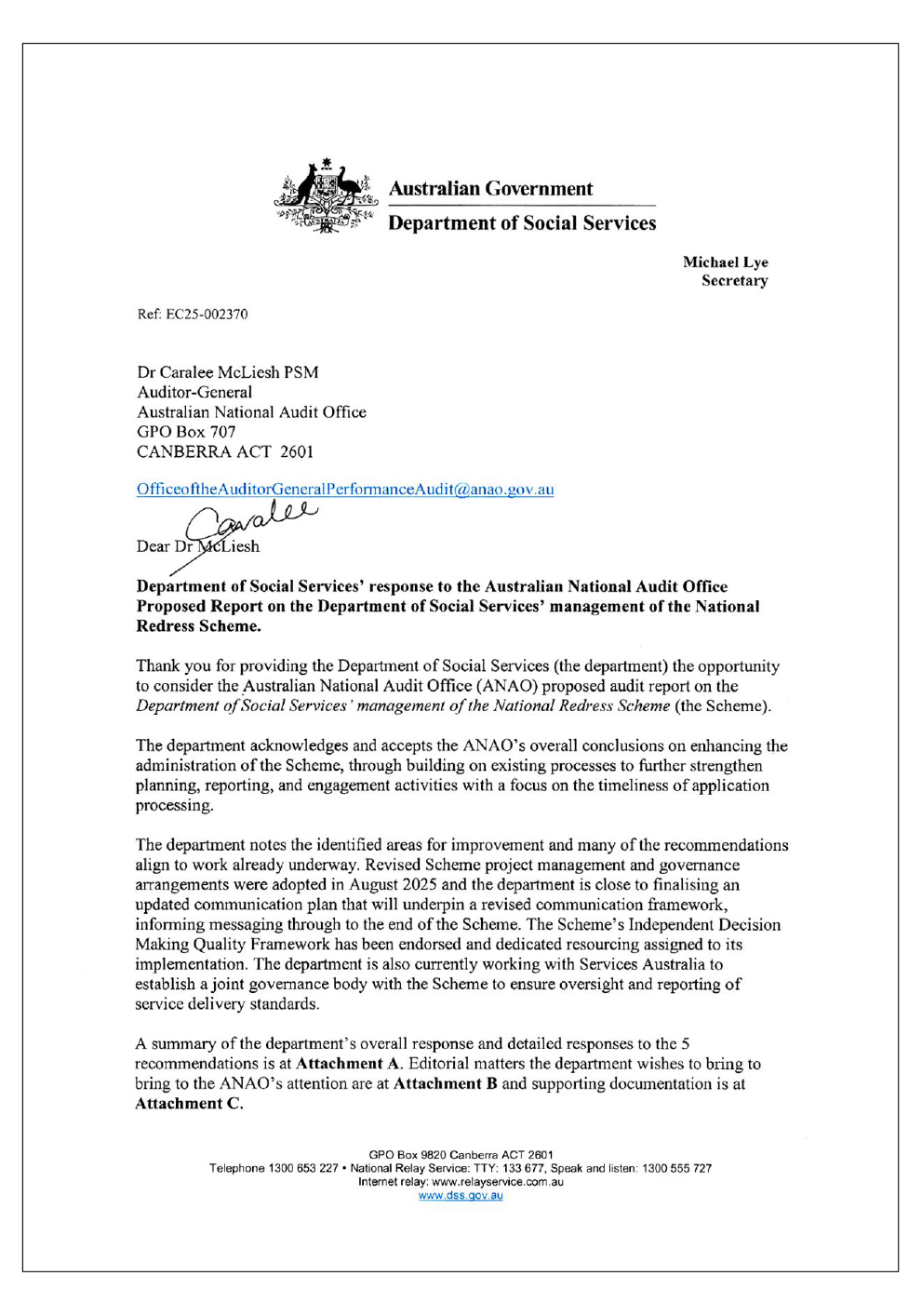 Page one of the response from the DSS. A summary of the response can be found in the summary and recommendations chapter.