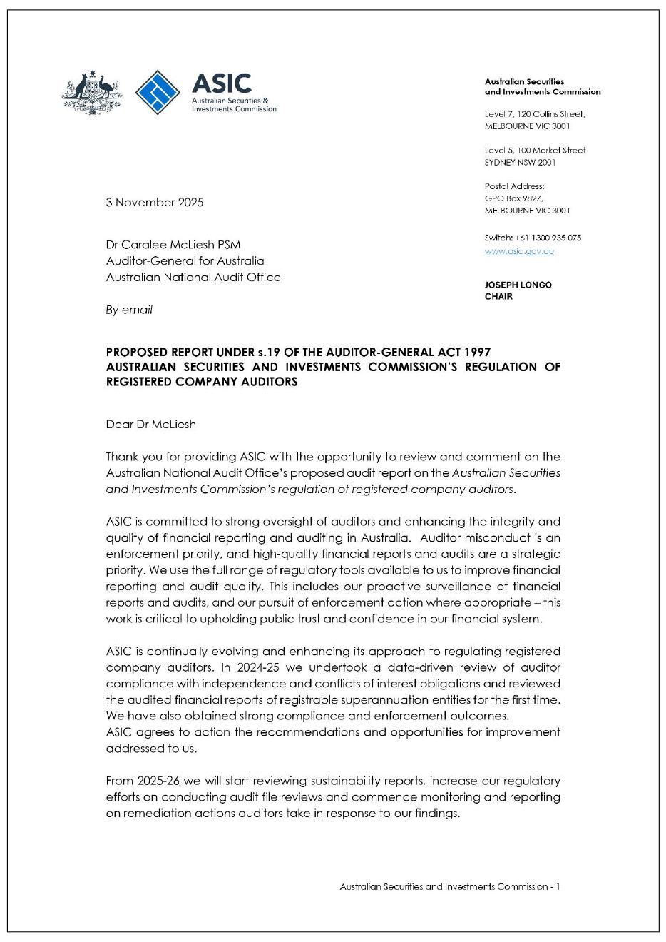 Page one of the response from the ASIC. A summary of the response can be found in the summary and recommendations chapter.