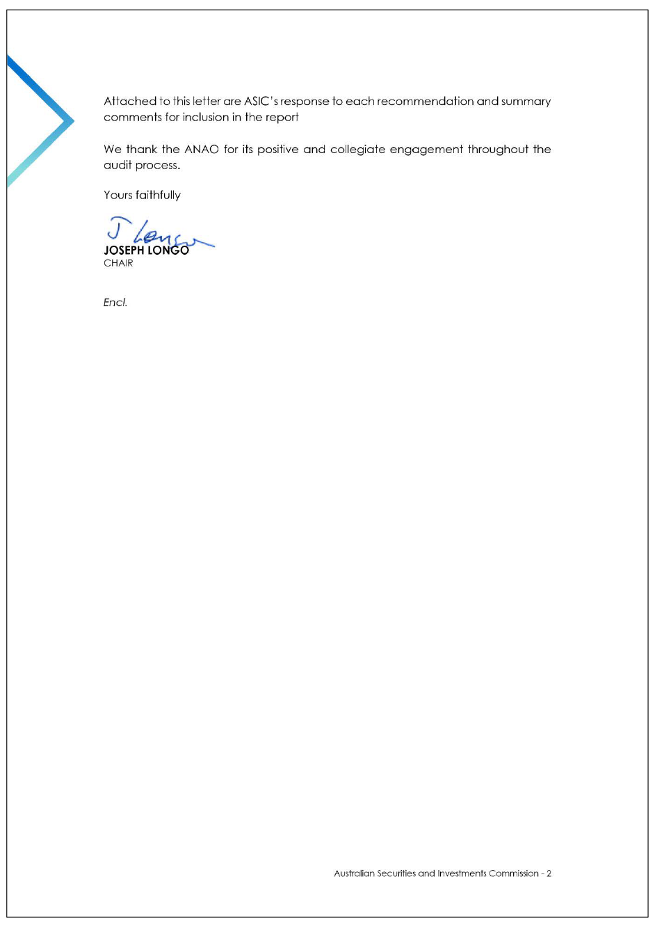 Page two of the response from the ASIC. A summary of the response can be found in the summary and recommendations chapter.