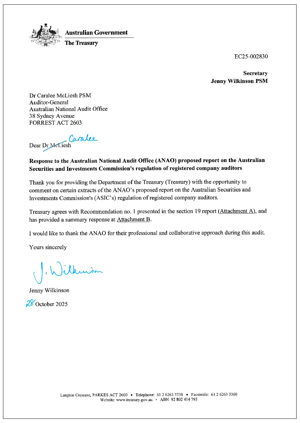 Page one of the response from the Treasury. A summary of the response can be found in the summary and recommendations chapter.