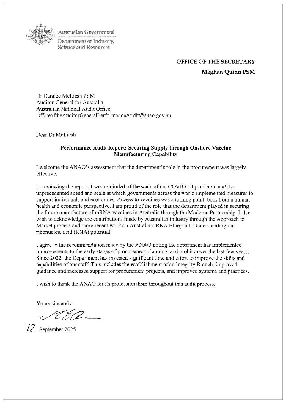 Page one of the response from DISR. A summary of the response can be found in the summary and recommendations chapter.