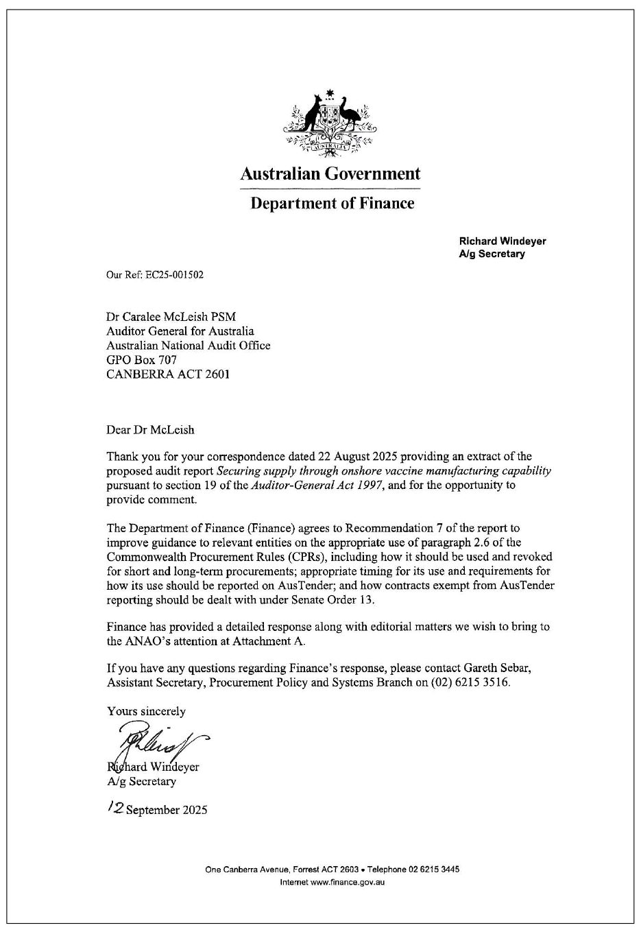 Page one of the response from Finance. A summary of the response can be found in the summary and recommendations chapter.