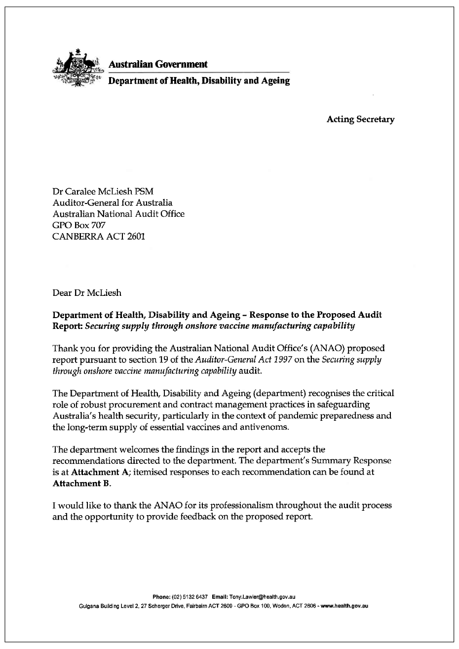 Page one of the response from Health. A summary of the response can be found in the summary and recommendations chapter.