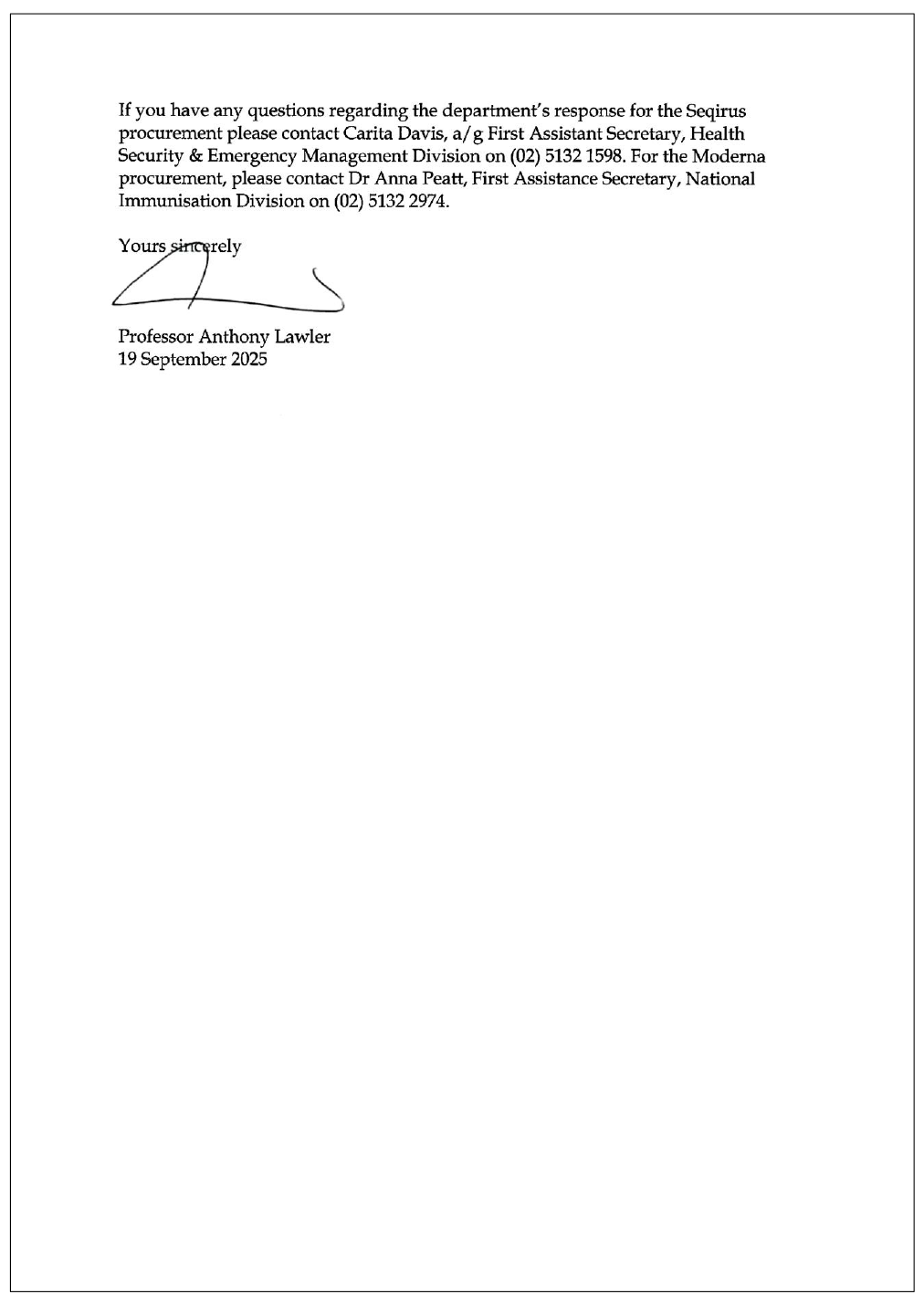 Page one of the response from the Health. A summary of the response can be found in the summary and recommendations chapter.